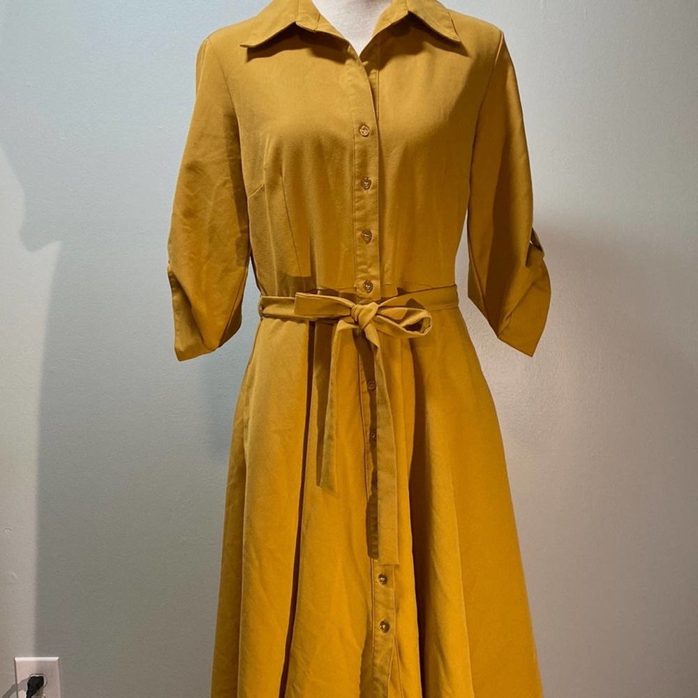 Sharagano Mustard Yellow Midi Shirt Dress - Picture 5 of 13